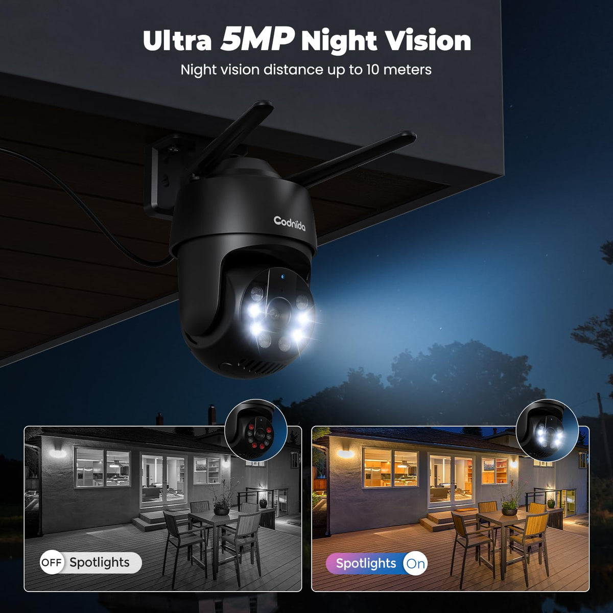 Codnida 2K Security Camera Outdoor, 360° PTZ WiFi Camera, CCTV Camera with 24/7 Recording, PIR Human Detection, Sound and Light Alarm, Support 16-128G SD Card, Works with Alexa - Sayby’s