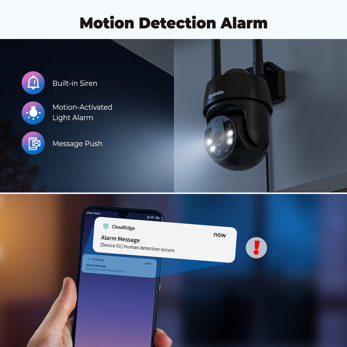 Codnida 2K Security Camera Outdoor, 360° PTZ WiFi Camera, CCTV Camera with 24/7 Recording, PIR Human Detection, Sound and Light Alarm, Support 16-128G SD Card, Works with Alexa - Sayby’s