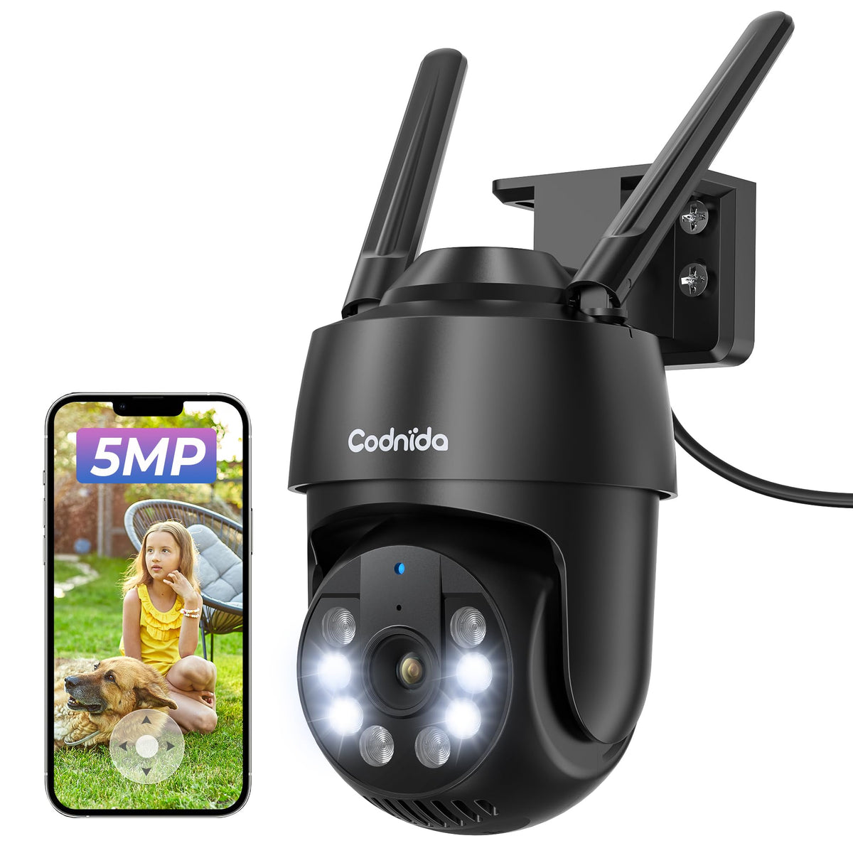 Codnida 2K Security Camera Outdoor, 360° PTZ WiFi Camera, CCTV Camera with 24/7 Recording, PIR Human Detection, Sound and Light Alarm, Support 16-128G SD Card, Works with Alexa - Sayby’s
