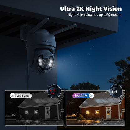 Codnida 2K Security Camera Outdoor, 360° PTZ WiFi Camera, CCTV Camera with 24/7 Recording, PIR Human Detection, Sound and Light Alarm, Support 16-128G SD Card, Works with Alexa - Sayby’s