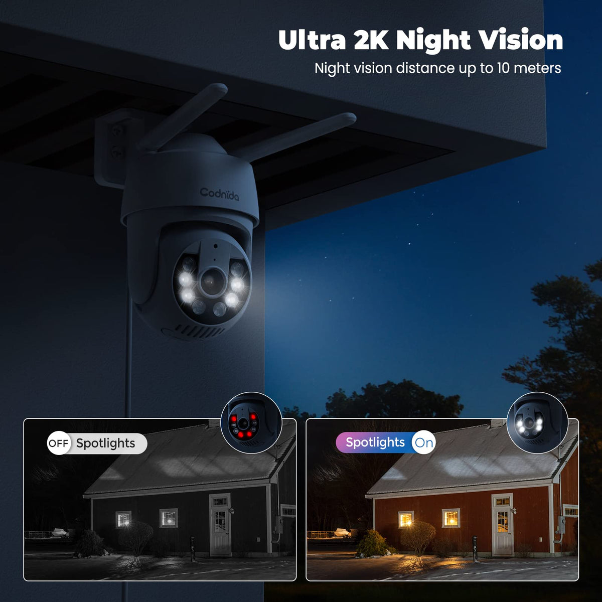 Codnida 2K Security Camera Outdoor, 360° PTZ WiFi Camera, CCTV Camera with 24/7 Recording, PIR Human Detection, Sound and Light Alarm, Support 16-128G SD Card, Works with Alexa - Sayby’s