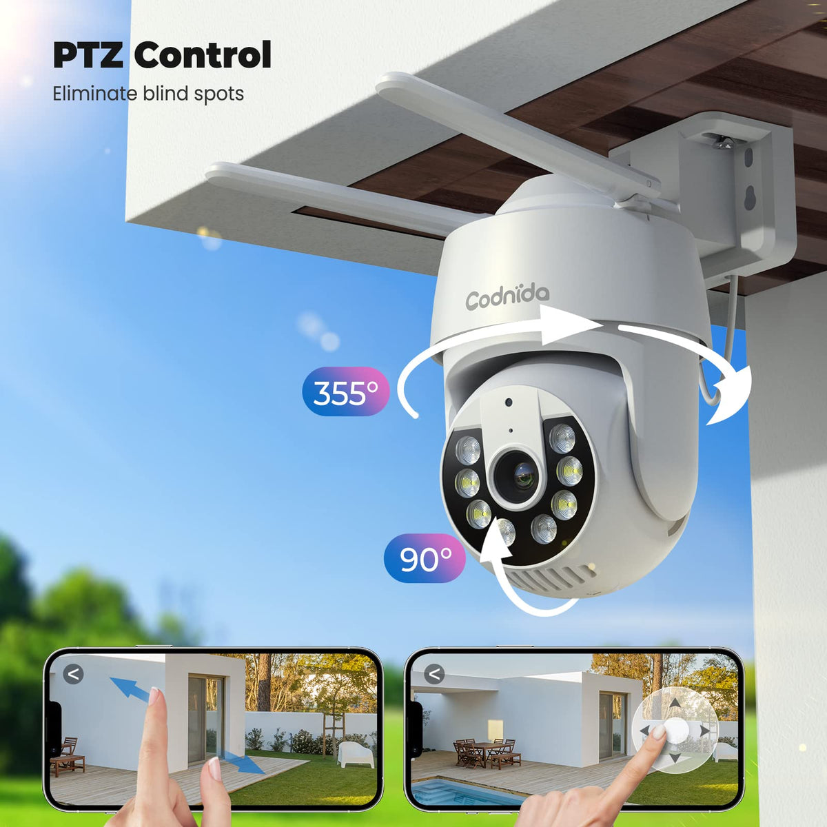 Codnida 2K Security Camera Outdoor, 360° PTZ WiFi Camera, CCTV Camera with 24/7 Recording, PIR Human Detection, Sound and Light Alarm, Support 16-128G SD Card, Works with Alexa - Sayby’s