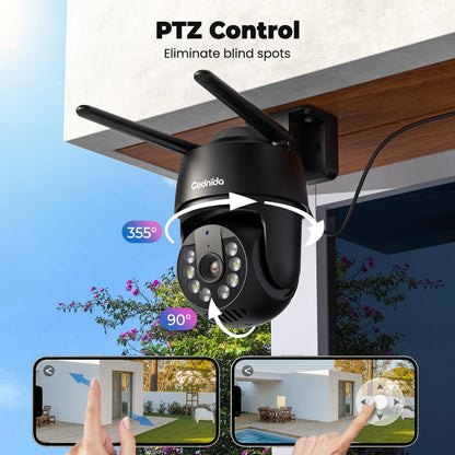 Codnida 2K Security Camera Outdoor, 360° PTZ WiFi Camera, CCTV Camera with 24/7 Recording, PIR Human Detection, Sound and Light Alarm, Support 16-128G SD Card, Works with Alexa - Sayby’s