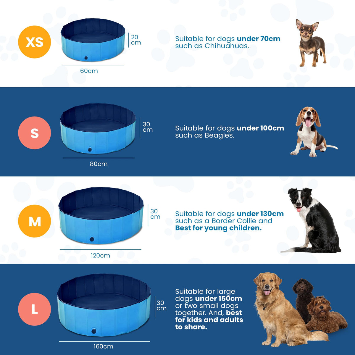 Cool Paws Paddling Pool – Foldable Dog & Kids Pool in Multiple Sizes (S–XL), Leakproof & Durable Hard Plastic Design, Pet Bath or Play Pool for Indoors, Outdoors, Garden, Patio – Blue - Sayby’s