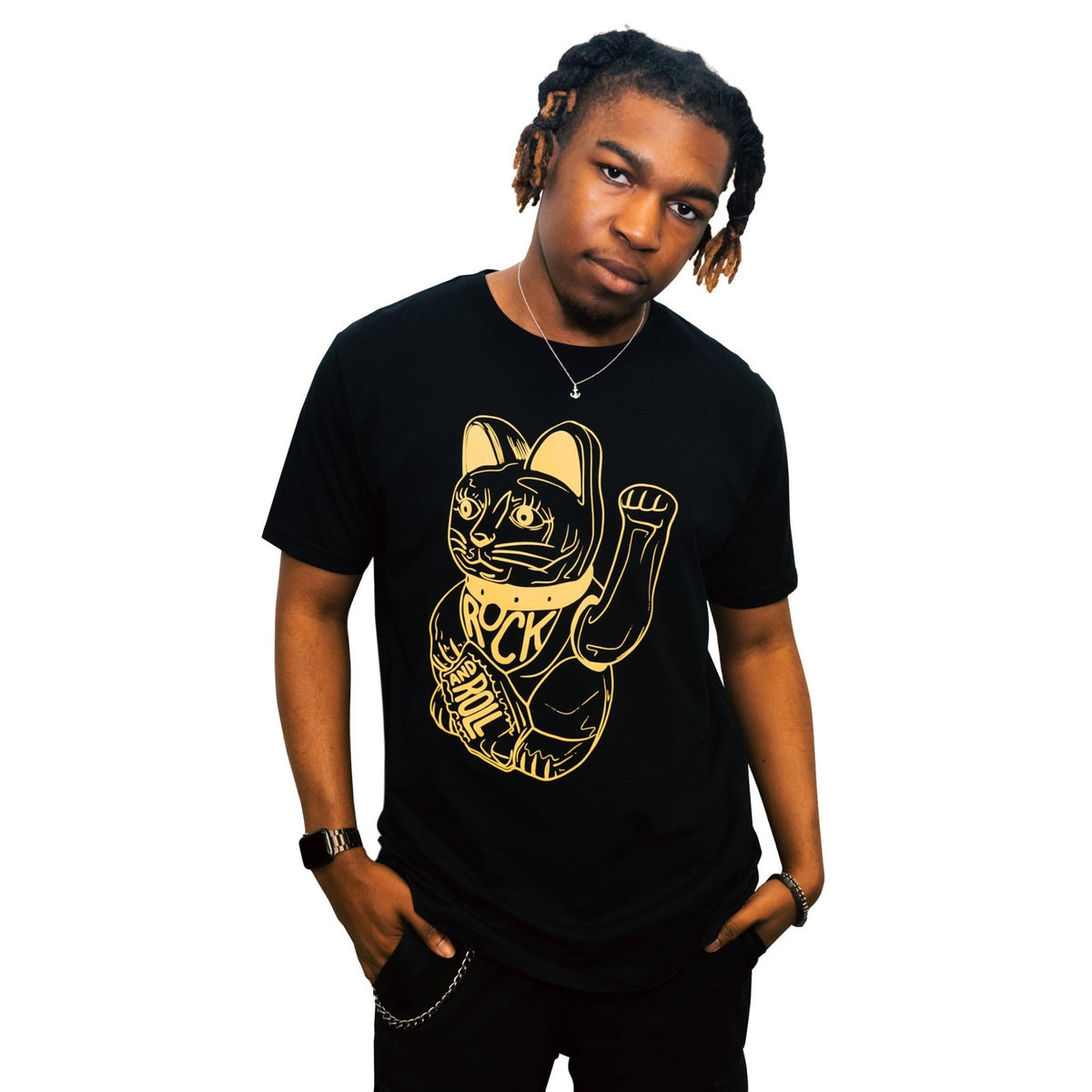 DB DEADBEAT Lucky Cat Rock and Roll Motif Screen Printed Eco-Friendly Unisex Black T-Shirt for Men, Women and Teens. - Sayby’s