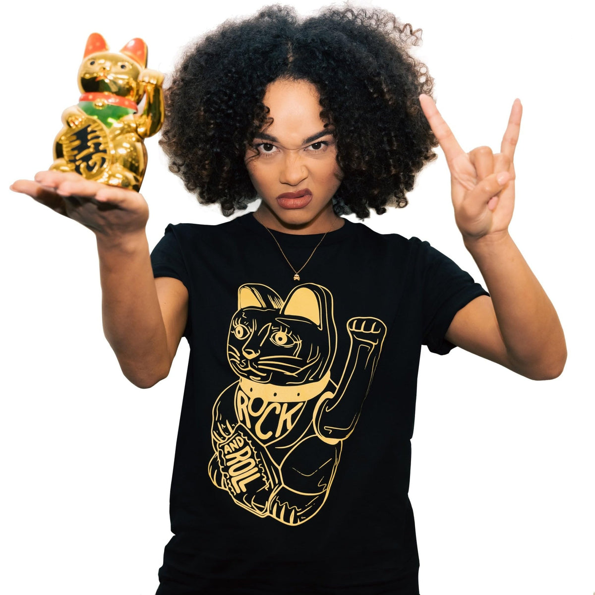 DB DEADBEAT Lucky Cat Rock and Roll Motif Screen Printed Eco-Friendly Unisex Black T-Shirt for Men, Women and Teens. - Sayby’s