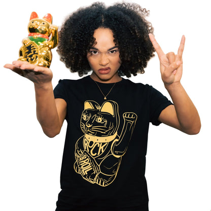 DB DEADBEAT Lucky Cat Rock and Roll Motif Screen Printed Eco-Friendly Unisex Black T-Shirt for Men, Women and Teens. - Sayby’s