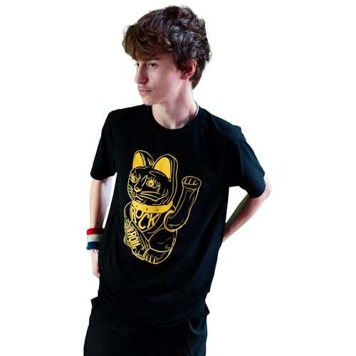 DB DEADBEAT Lucky Cat Rock and Roll Motif Screen Printed Eco-Friendly Unisex Black T-Shirt for Men, Women and Teens. - Sayby’s