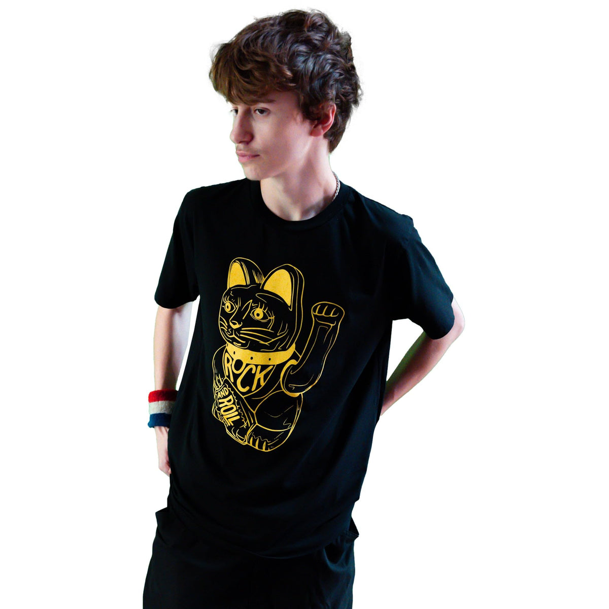 DB DEADBEAT Lucky Cat Rock and Roll Motif Screen Printed Eco-Friendly Unisex Black T-Shirt for Men, Women and Teens. - Sayby’s