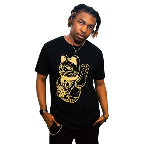 DB DEADBEAT Lucky Cat Rock and Roll Motif Screen Printed Eco-Friendly Unisex Black T-Shirt for Men, Women and Teens. - Sayby’s