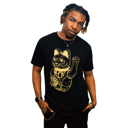 DB DEADBEAT Lucky Cat Rock and Roll Motif Screen Printed Eco-Friendly Unisex Black T-Shirt for Men, Women and Teens. - Sayby’s