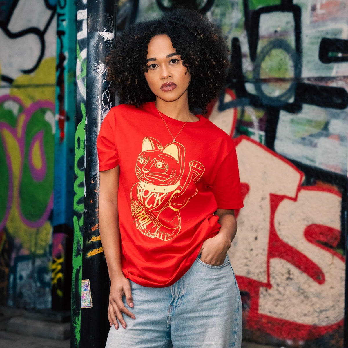 DB DEADBEAT Lucky Cat Rock and Roll Motif Screen Printed Eco-Friendly Unisex Red T-Shirt for Men, Women and Teens. - Sayby’s