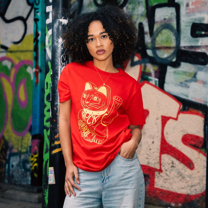 DB DEADBEAT Lucky Cat Rock and Roll Motif Screen Printed Eco-Friendly Unisex Red T-Shirt for Men, Women and Teens. - Sayby’s