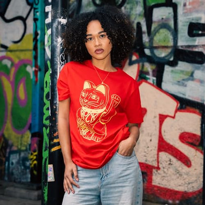 DB DEADBEAT Lucky Cat Rock and Roll Motif Screen Printed Eco-Friendly Unisex Red T-Shirt for Men, Women and Teens. - Sayby’s