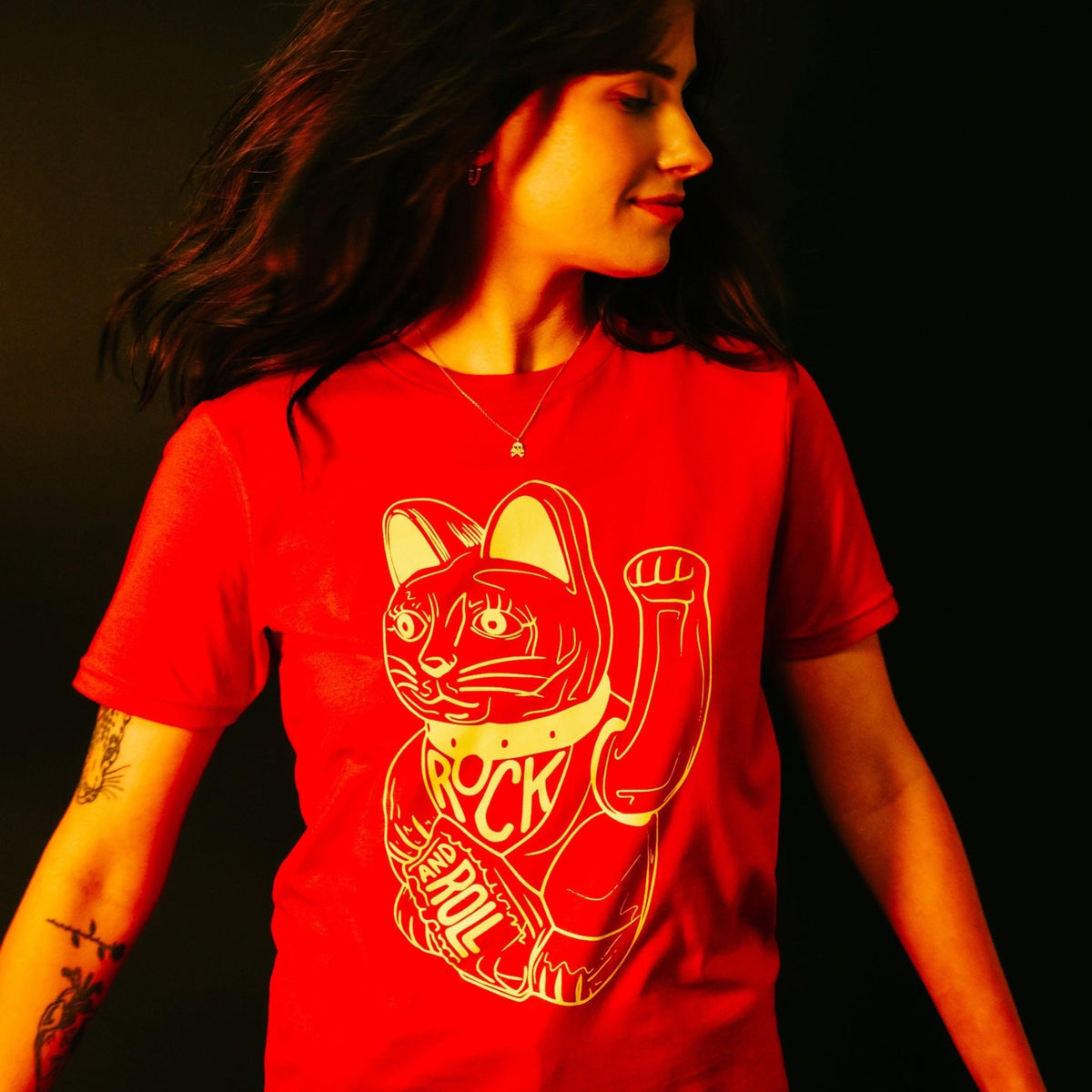 DB DEADBEAT Lucky Cat Rock and Roll Motif Screen Printed Eco-Friendly Unisex Red T-Shirt for Men, Women and Teens. - Sayby’s