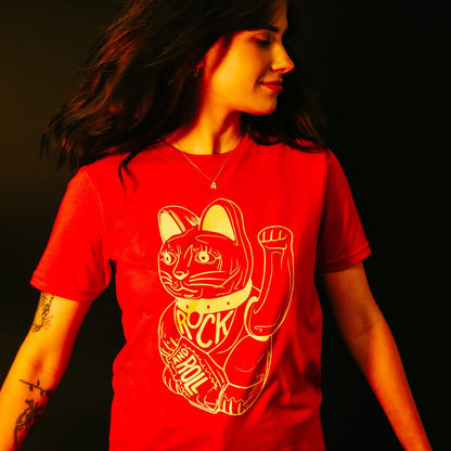 DB DEADBEAT Lucky Cat Rock and Roll Motif Screen Printed Eco-Friendly Unisex Red T-Shirt for Men, Women and Teens. - Sayby’s