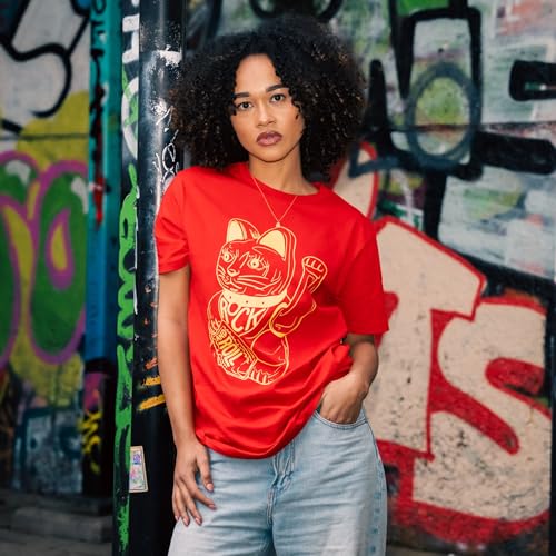 DB DEADBEAT Lucky Cat Rock and Roll Motif Screen Printed Eco-Friendly Unisex Red T-Shirt for Men, Women and Teens. - Sayby’s