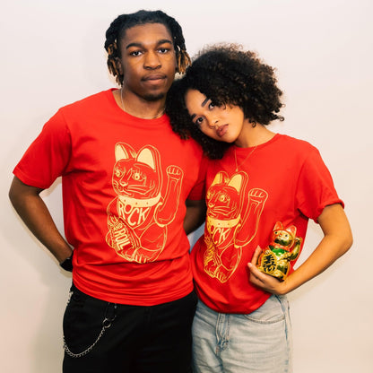 DB DEADBEAT Lucky Cat Rock and Roll Motif Screen Printed Eco-Friendly Unisex Red T-Shirt for Men, Women and Teens. - Sayby’s
