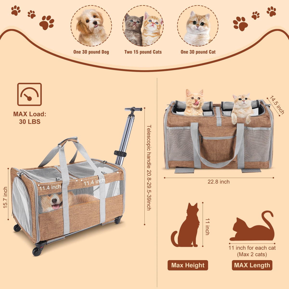 Double-Compartment Rolling Cat Carrier with Wheels for 2 Cats, Foldable Pet Carrier with Wheels for 2 Small Cats and Dogs, Fully Breathable, Perfect for Traveling/Hiking/Camping/Veterinary Visits - Sayby’s