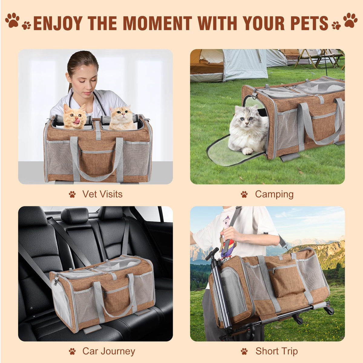 Double-Compartment Rolling Cat Carrier with Wheels for 2 Cats, Foldable Pet Carrier with Wheels for 2 Small Cats and Dogs, Fully Breathable, Perfect for Traveling/Hiking/Camping/Veterinary Visits - Sayby’s