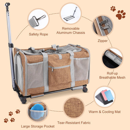 Double-Compartment Rolling Cat Carrier with Wheels for 2 Cats, Foldable Pet Carrier with Wheels for 2 Small Cats and Dogs, Fully Breathable, Perfect for Traveling/Hiking/Camping/Veterinary Visits - Sayby’s