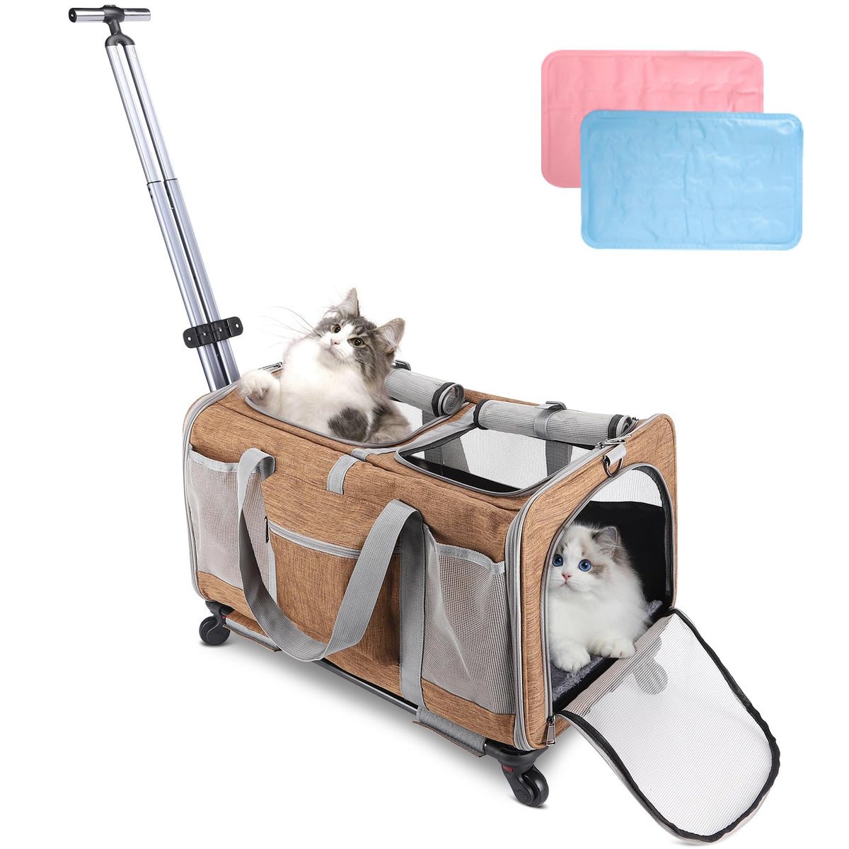 Double-Compartment Rolling Cat Carrier with Wheels for 2 Cats, Foldable Pet Carrier with Wheels for 2 Small Cats and Dogs, Fully Breathable, Perfect for Traveling/Hiking/Camping/Veterinary Visits - Sayby’s