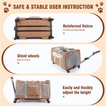 Double-Compartment Rolling Cat Carrier with Wheels for 2 Cats, Foldable Pet Carrier with Wheels for 2 Small Cats and Dogs, Fully Breathable, Perfect for Traveling/Hiking/Camping/Veterinary Visits - Sayby’s