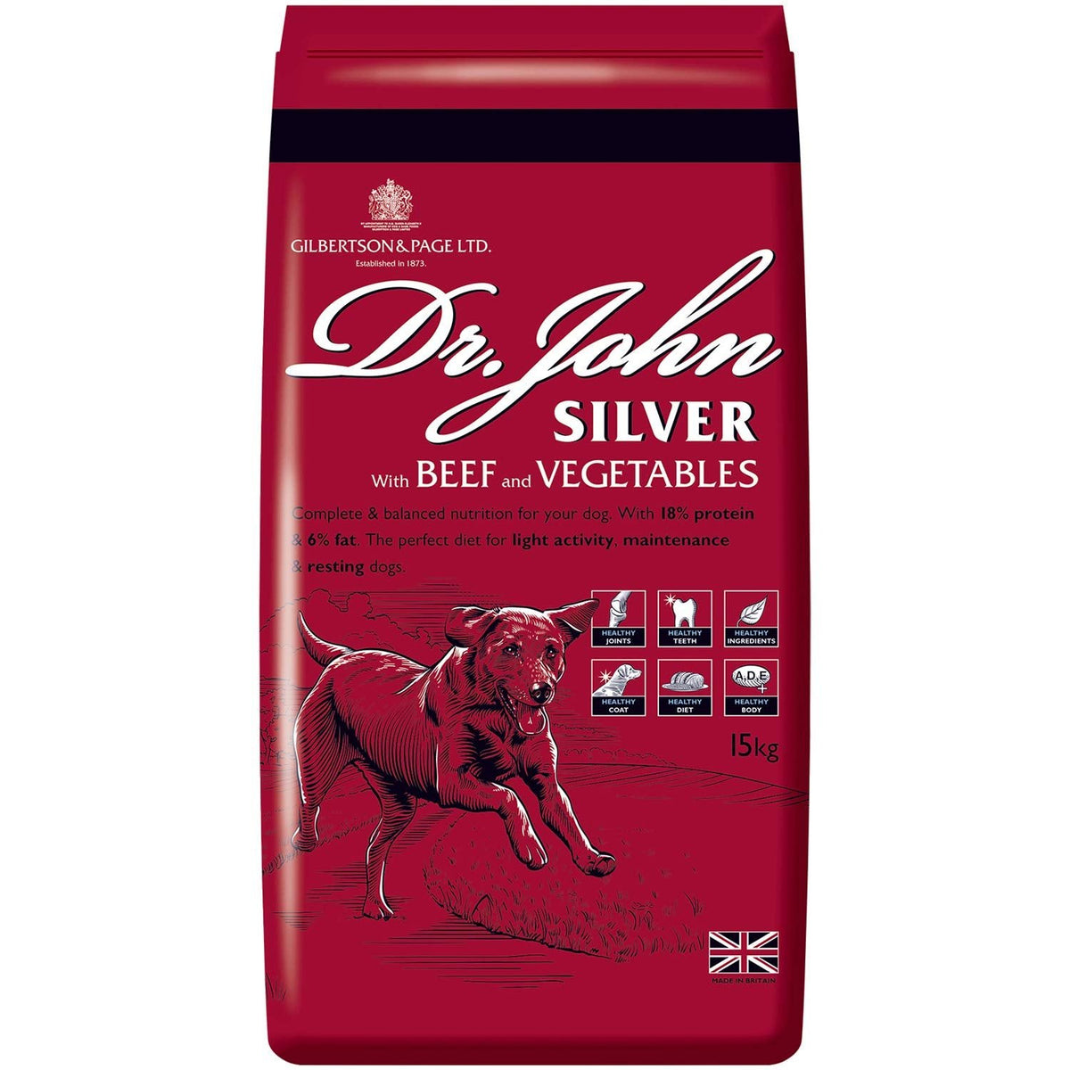 Dr John Silver Dry Dog Food 15kg - Beef with Vegetables - Complete Dog Biscuits 15kg - Senior and Adult Dog Food for Light Activity, Maintenance and Resting Dogs - Sayby’s