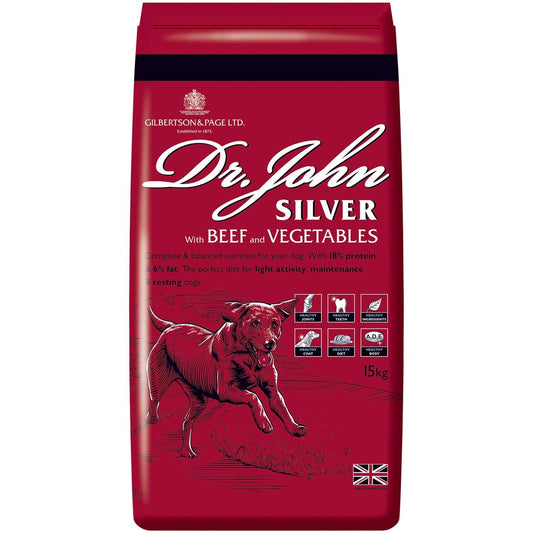 Dr John Silver Dry Dog Food 15kg - Beef with Vegetables - Complete Dog Biscuits 15kg - Senior and Adult Dog Food for Light Activity, Maintenance and Resting Dogs - Sayby’s