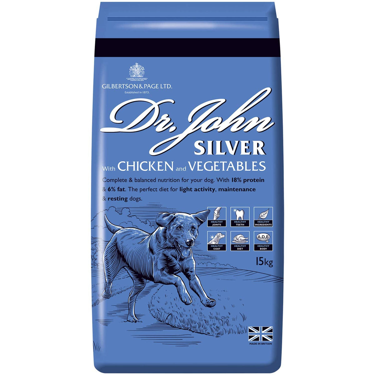Dr John Silver Dry Dog Food 15kg - Chicken with Vegetables - Complete Dog Biscuits 15kg - Senior and Adult Dog Food for Light Activity, Maintenance and Resting Dogs - Sayby’s