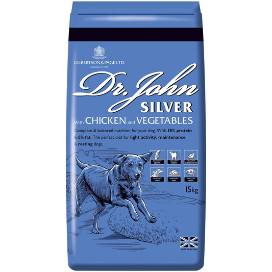Dr John Silver Dry Dog Food 15kg - Chicken with Vegetables - Complete Dog Biscuits 15kg - Senior and Adult Dog Food for Light Activity, Maintenance and Resting Dogs - Sayby’s