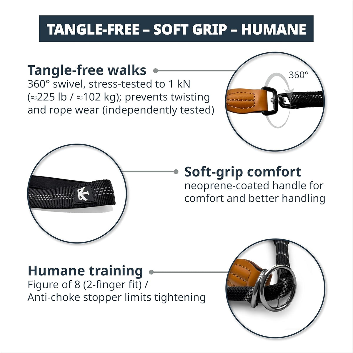 Figure of 8 Slip Lead for Dogs, Dual-Use No-Pull Training Leash with Stopper, Neoprene Nose Padding, Reflective Safety Strip and Robust Static 14-Core Nylon Rope - Sayby’s