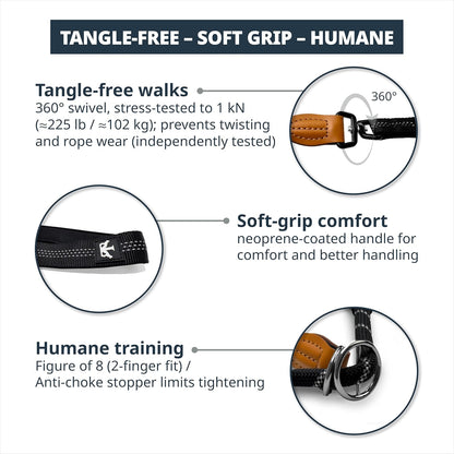 Figure of 8 Slip Lead for Dogs, Dual-Use No-Pull Training Leash with Stopper, Neoprene Nose Padding, Reflective Safety Strip and Robust Static 14-Core Nylon Rope - Sayby’s