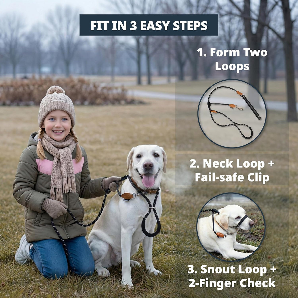 Figure of 8 Slip Lead for Dogs, Dual-Use No-Pull Training Leash with Stopper, Neoprene Nose Padding, Reflective Safety Strip and Robust Static 14-Core Nylon Rope - Sayby’s