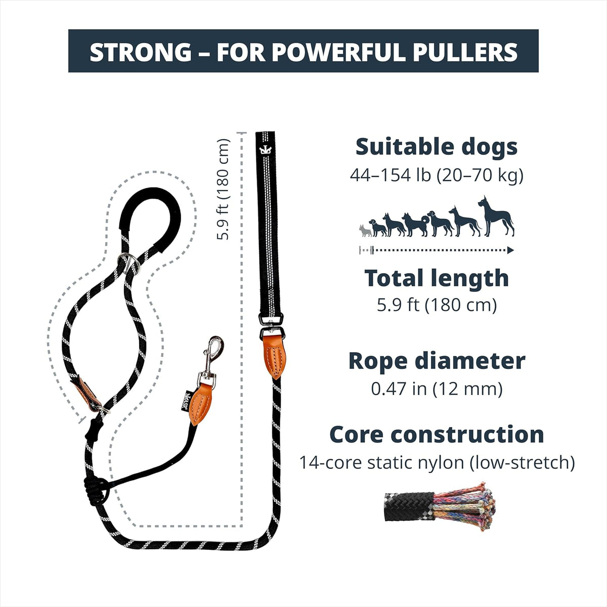 Figure of 8 Slip Lead for Dogs, Dual-Use No-Pull Training Leash with Stopper, Neoprene Nose Padding, Reflective Safety Strip and Robust Static 14-Core Nylon Rope - Sayby’s