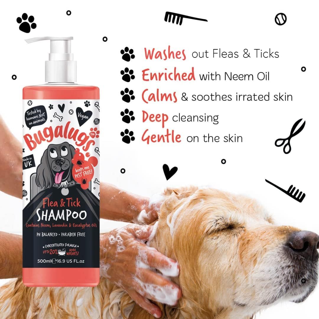 Flea and Tick Dog Shampoo by Bugalugs, Works on Smelly Puppies & Dogs, Contains Neem Oil PH Balanced Vegan Used by Professional Groom (Shampoo 500ml) - Sayby’s
