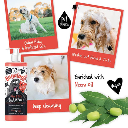 Flea and Tick Dog Shampoo by Bugalugs, Works on Smelly Puppies & Dogs, Contains Neem Oil PH Balanced Vegan Used by Professional Groom (Shampoo 500ml) - Sayby’s