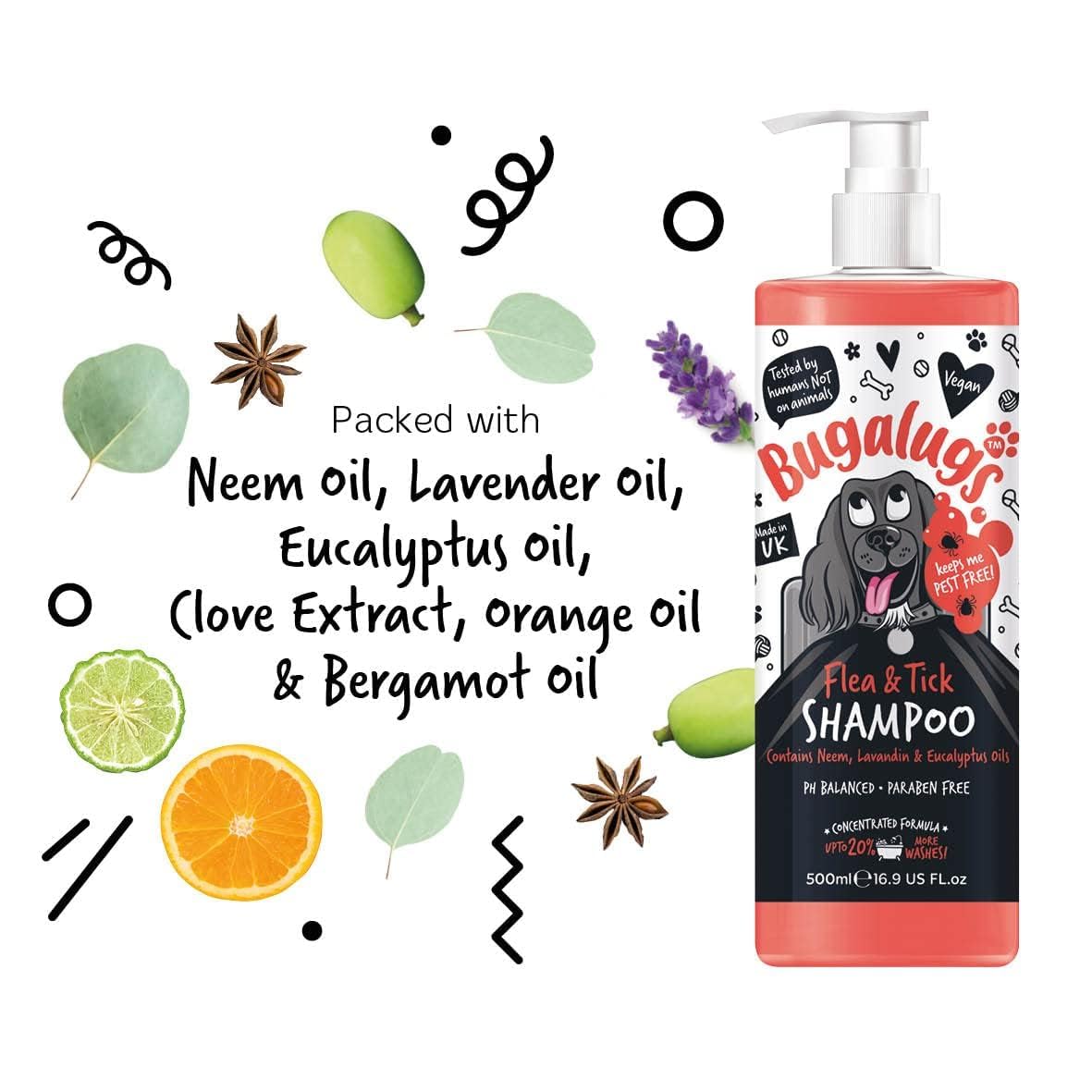 Flea and Tick Dog Shampoo by Bugalugs, Works on Smelly Puppies & Dogs, Contains Neem Oil PH Balanced Vegan Used by Professional Groom (Shampoo 500ml) - Sayby’s