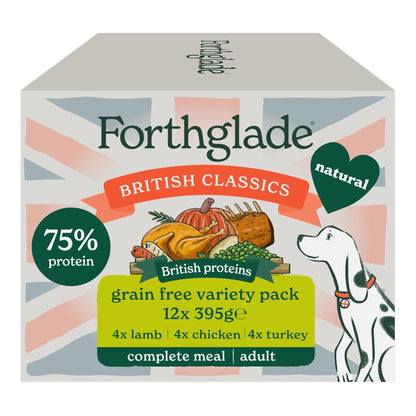 Forthglade British Classics Wet Dog Food Variety Pack (12 x 395g Trays) - Grain Free & Hypoallergenic Dog Food, Adult 1 Year+, Chicken, Lamb and Beef with Vegetables, Stomach Sensitive Meals - Sayby’s