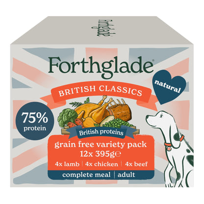 Forthglade British Classics Wet Dog Food Variety Pack (12 x 395g Trays) - Grain Free & Hypoallergenic Dog Food, Adult 1 Year+, Chicken, Lamb and Beef with Vegetables, Stomach Sensitive Meals - Sayby’s