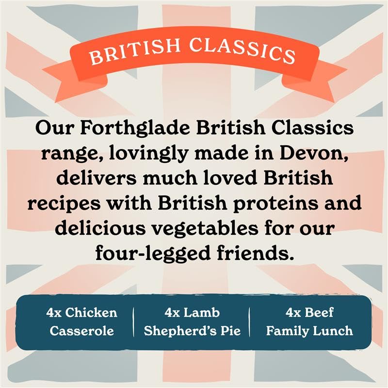 Forthglade British Classics Wet Dog Food Variety Pack (12 x 395g Trays) - Grain Free & Hypoallergenic Dog Food, Adult 1 Year+, Chicken, Lamb and Beef with Vegetables, Stomach Sensitive Meals - Sayby’s