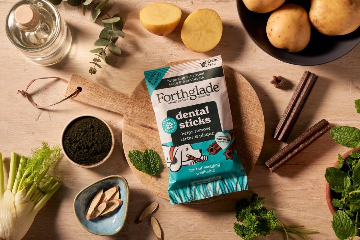 Forthglade Natural Dog Dental Sticks (20 Sticks) - Plant-Based & Grain Free Dog Treats, Dental Chews for Fresh Breath, Removes Plaque and Tartar, Resealable Bags - Sayby’s