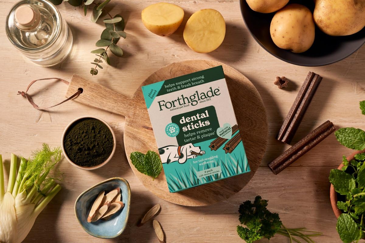 Forthglade Natural Dog Dental Sticks (20 Sticks) - Plant-Based & Grain Free Dog Treats, Dental Chews for Fresh Breath, Removes Plaque and Tartar, Resealable Bags - Sayby’s