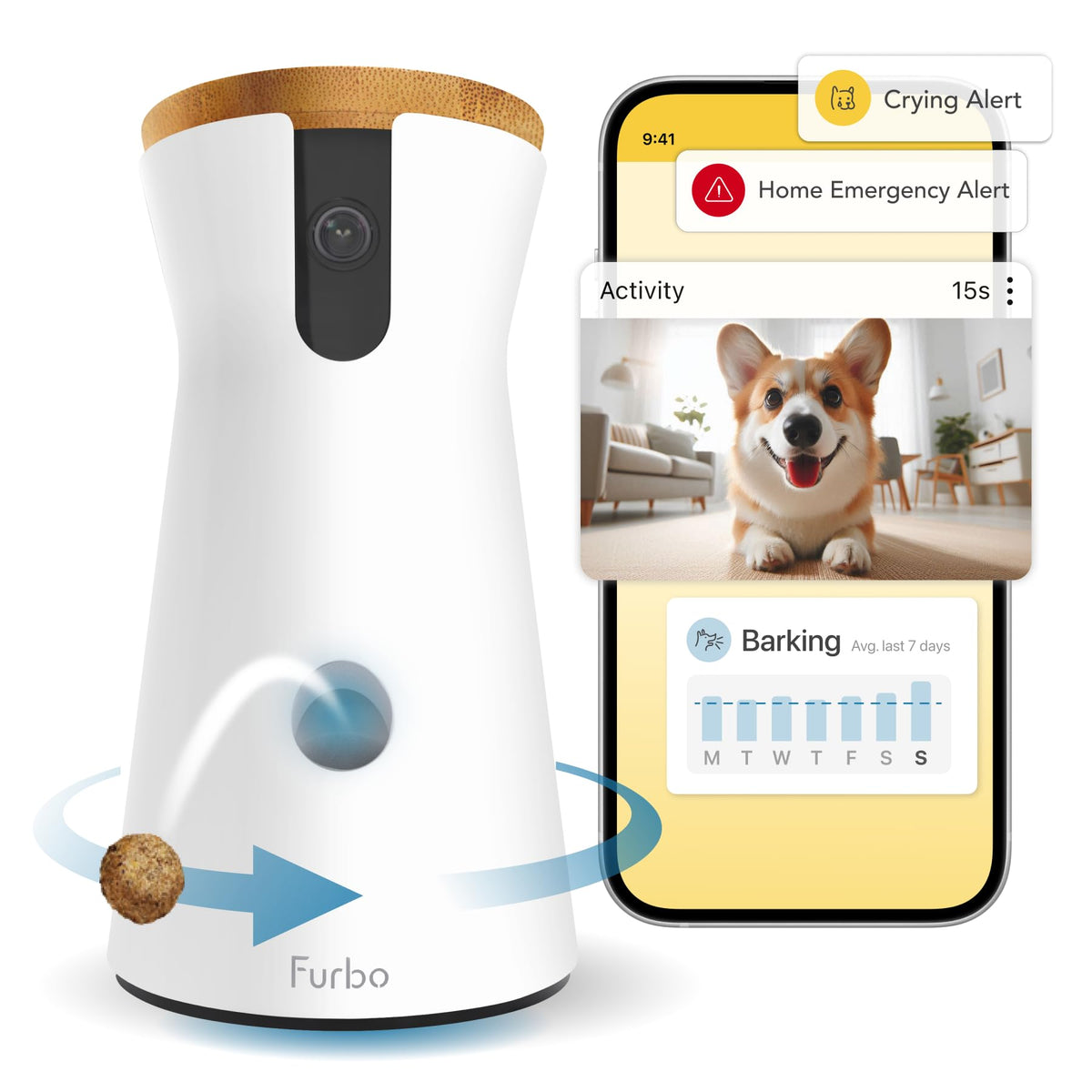 Furbo 360° Pet Camera w/Home Safety Package [PREMIUM W/SUBSCRPITION] Smart Pet Monitor w/App for Pet & Home, Rotating 360° View, Colour Night Vision, Auto-Tracking, Treat-toss, Barking, Smart Alert - Sayby’s