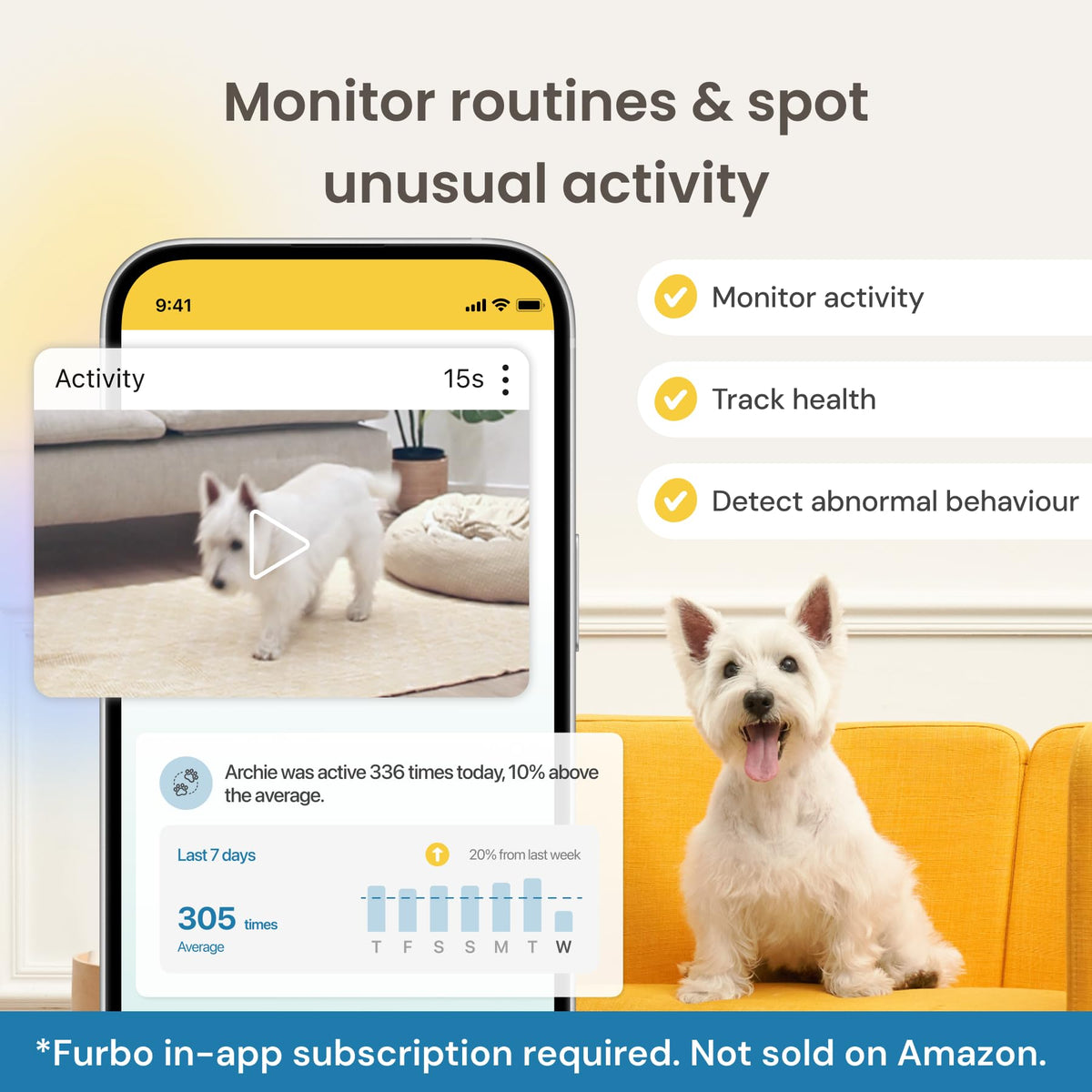 Furbo 360° Pet Camera w/Home Safety Package [PREMIUM W/SUBSCRPITION] Smart Pet Monitor w/App for Pet & Home, Rotating 360° View, Colour Night Vision, Auto-Tracking, Treat-toss, Barking, Smart Alert - Sayby’s