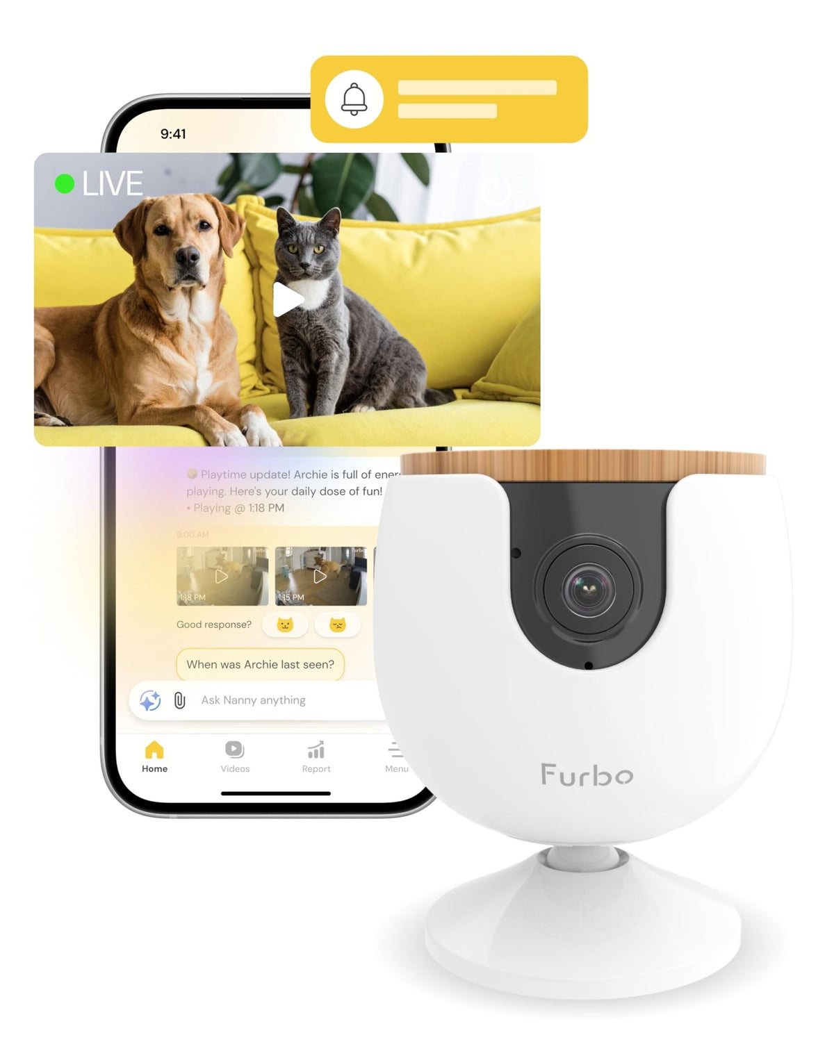 Furbo 360° Pet Camera w/Home Safety Package [PREMIUM W/SUBSCRPITION] Smart Pet Monitor w/App for Pet & Home, Rotating 360° View, Colour Night Vision, Auto-Tracking, Treat-toss, Barking, Smart Alert - Sayby’s