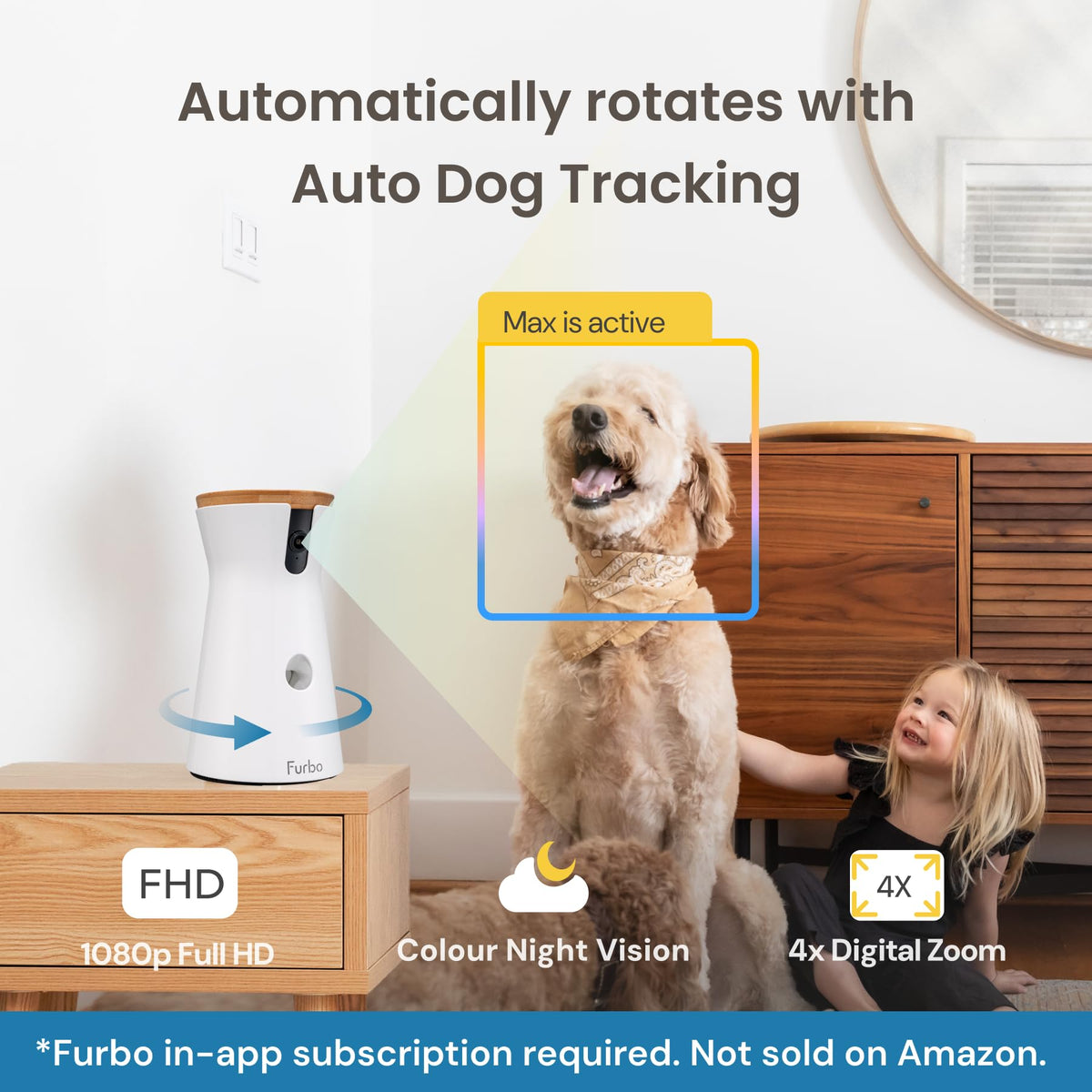 Furbo 360° Pet Camera w/Home Safety Package [PREMIUM W/SUBSCRPITION] Smart Pet Monitor w/App for Pet & Home, Rotating 360° View, Colour Night Vision, Auto-Tracking, Treat-toss, Barking, Smart Alert - Sayby’s