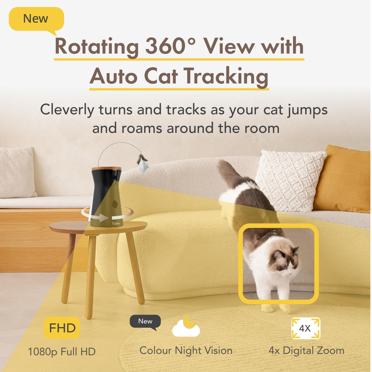 Furbo 360° Pet Camera w/Home Safety Package [PREMIUM W/SUBSCRPITION] Smart Pet Monitor w/App for Pet & Home, Rotating 360° View, Colour Night Vision, Auto-Tracking, Treat-toss, Barking, Smart Alert - Sayby’s