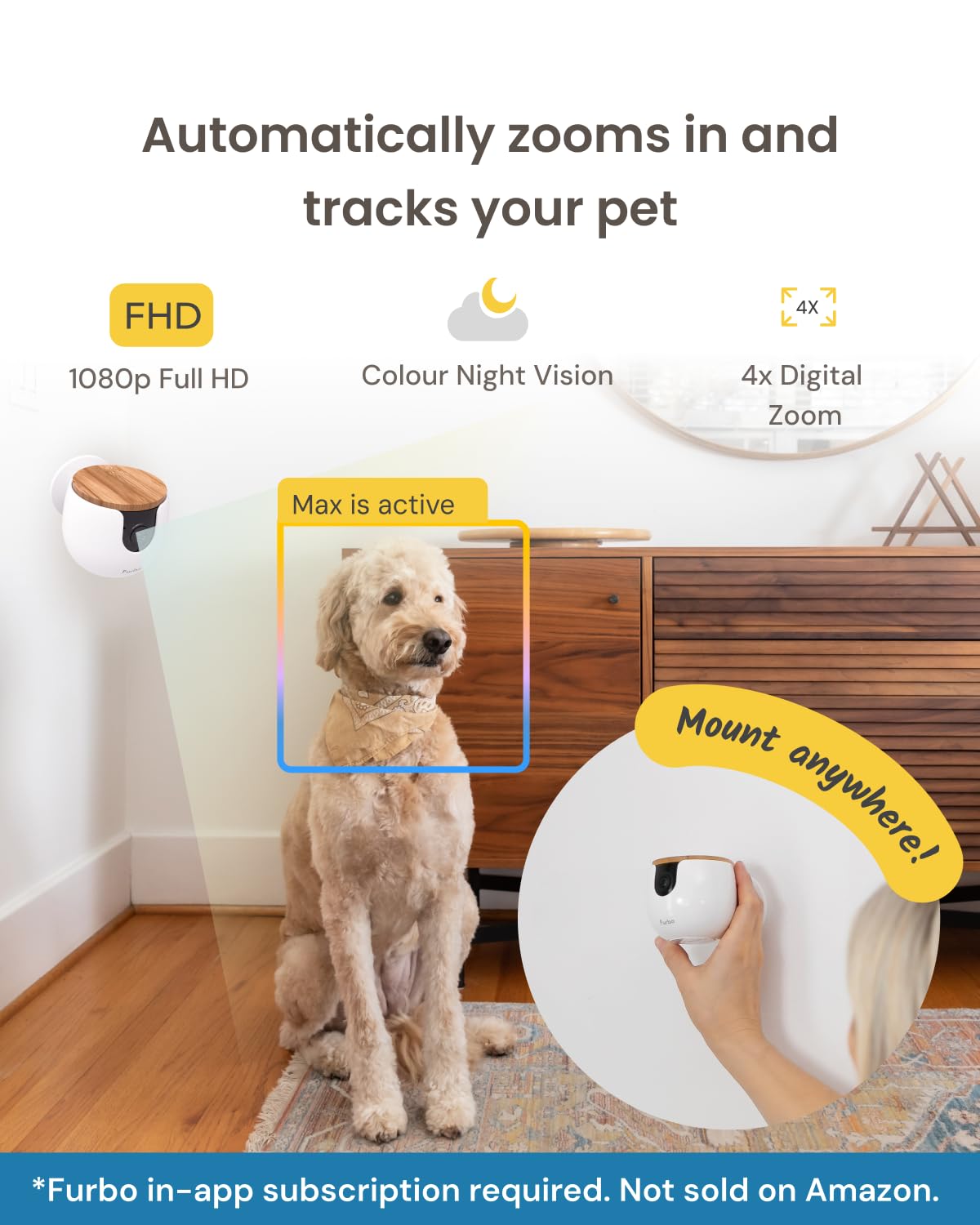 Furbo 360° Pet Camera w/Home Safety Package [PREMIUM W/SUBSCRPITION] Smart Pet Monitor w/App for Pet & Home, Rotating 360° View, Colour Night Vision, Auto-Tracking, Treat-toss, Barking, Smart Alert - Sayby’s