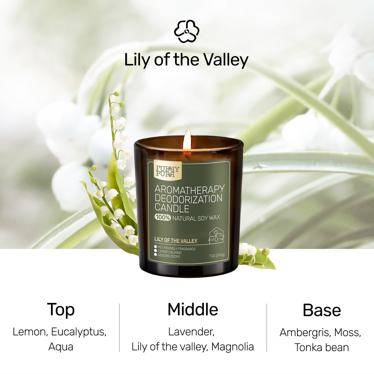 Furry Purr Pet Odor Eliminator Candle, Natural Soy Wax Candles with Catnip Essential Oil, Pet-Friendly Candles for Home Scented, Pet Lover Gifts, 60-Hour Burn Time, Lily of The Valley Fragrance, 7 oz - Sayby’s
